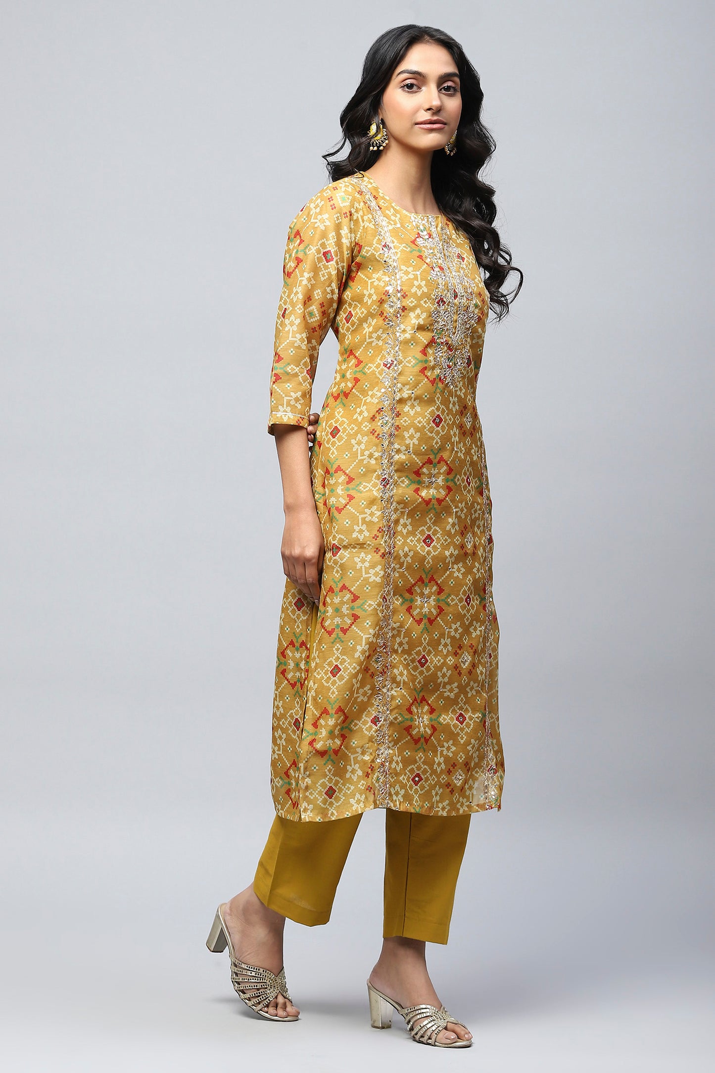 Yellow Printed Suit Set for Women with Hand Embroidery