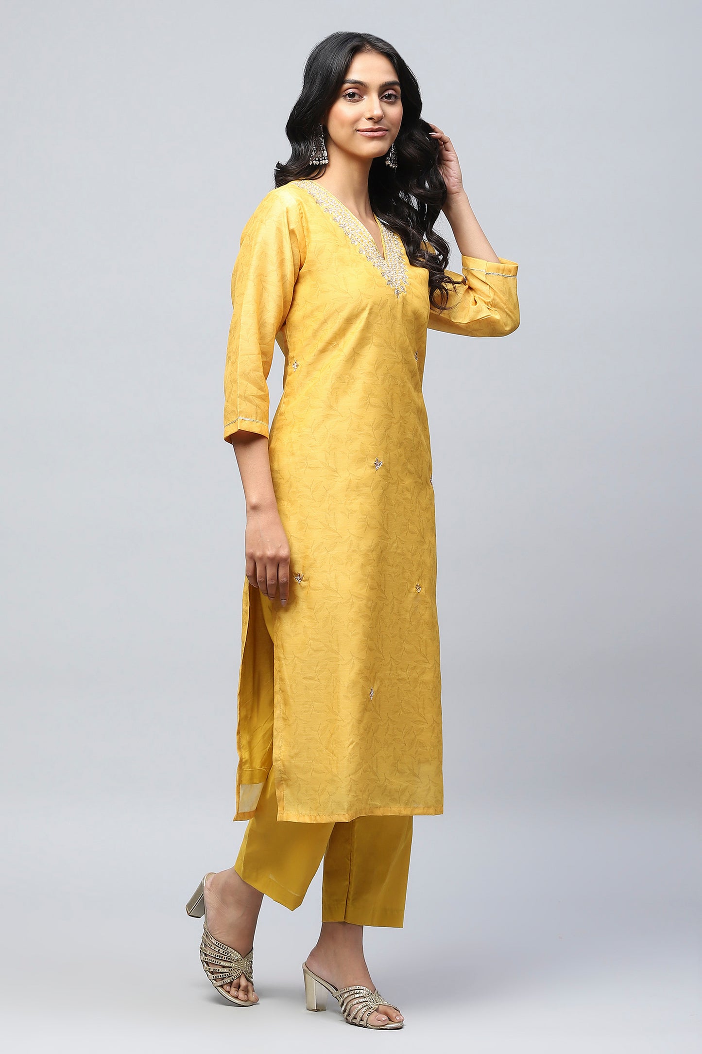 Yellow Printed Suit Set for Women with Hand Embroidery