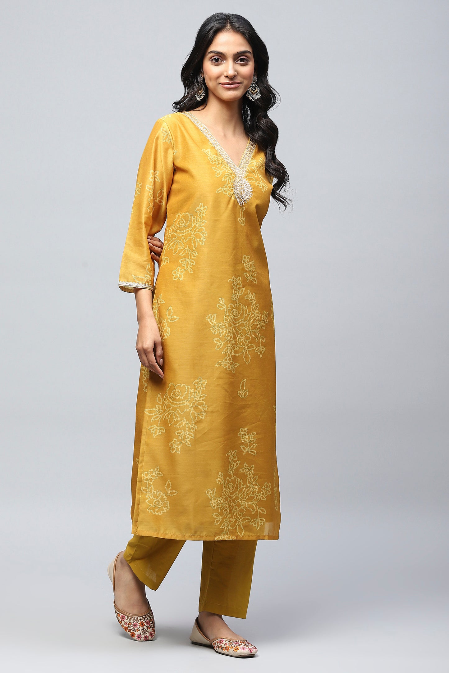 Yellow Printed Suit Set for Women with Hand Embroidery