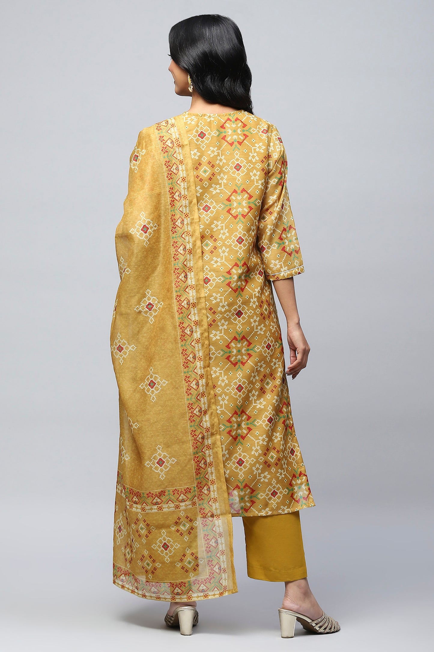 Yellow Printed Suit Set for Women with Hand Embroidery