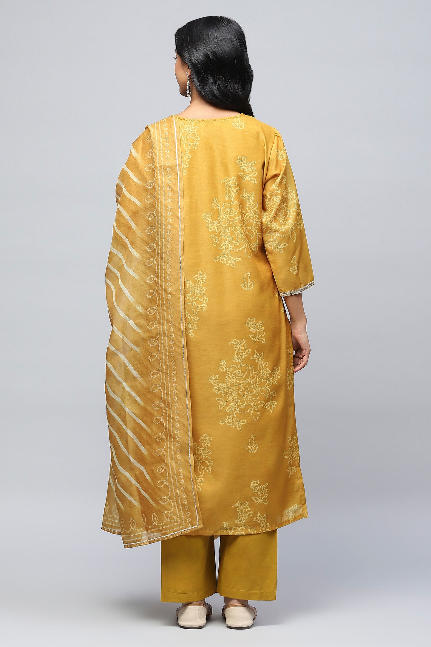 Yellow Printed Suit Set for Women with Hand Embroidery