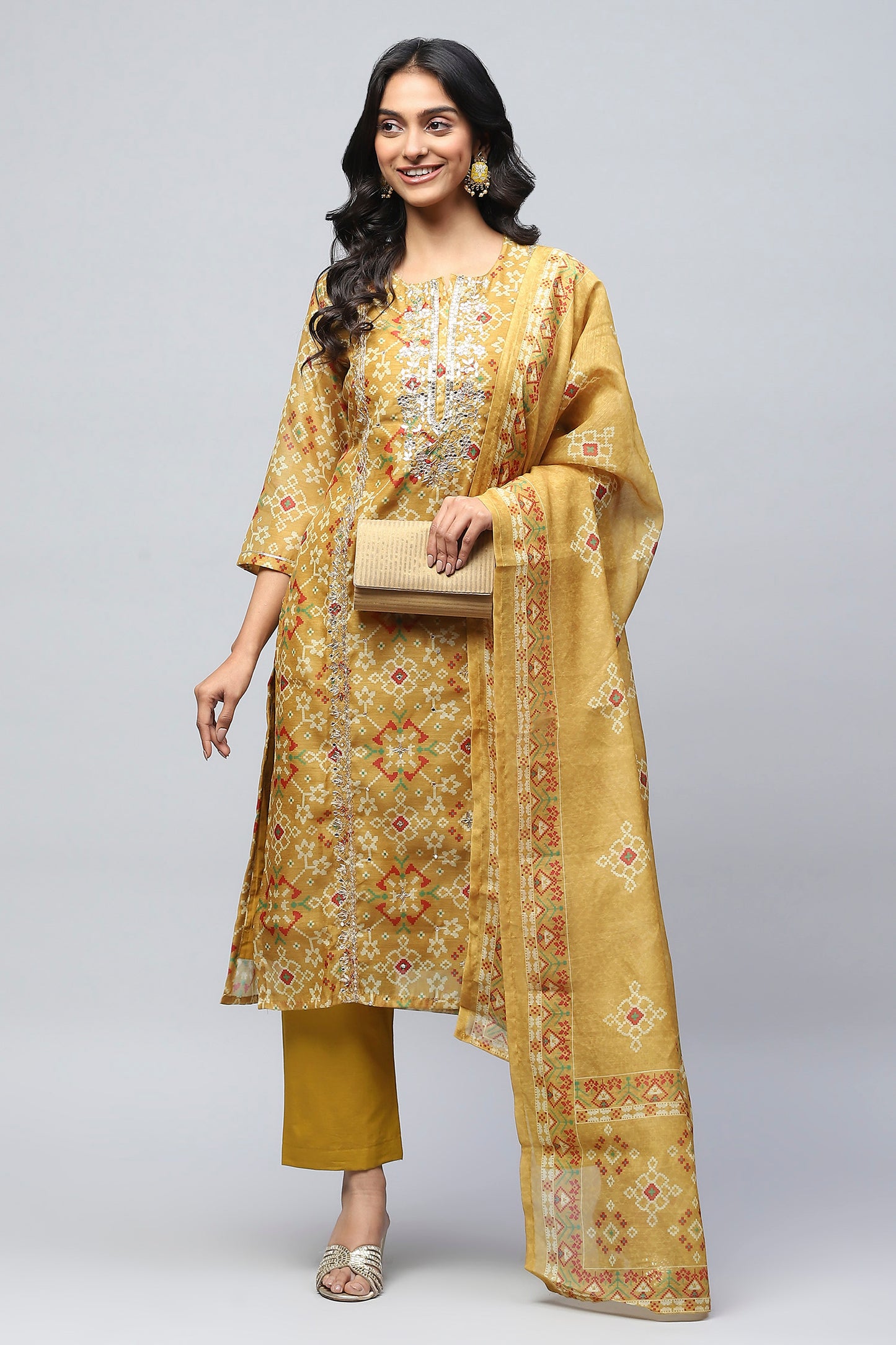 Yellow Printed Suit Set for Women with Hand Embroidery