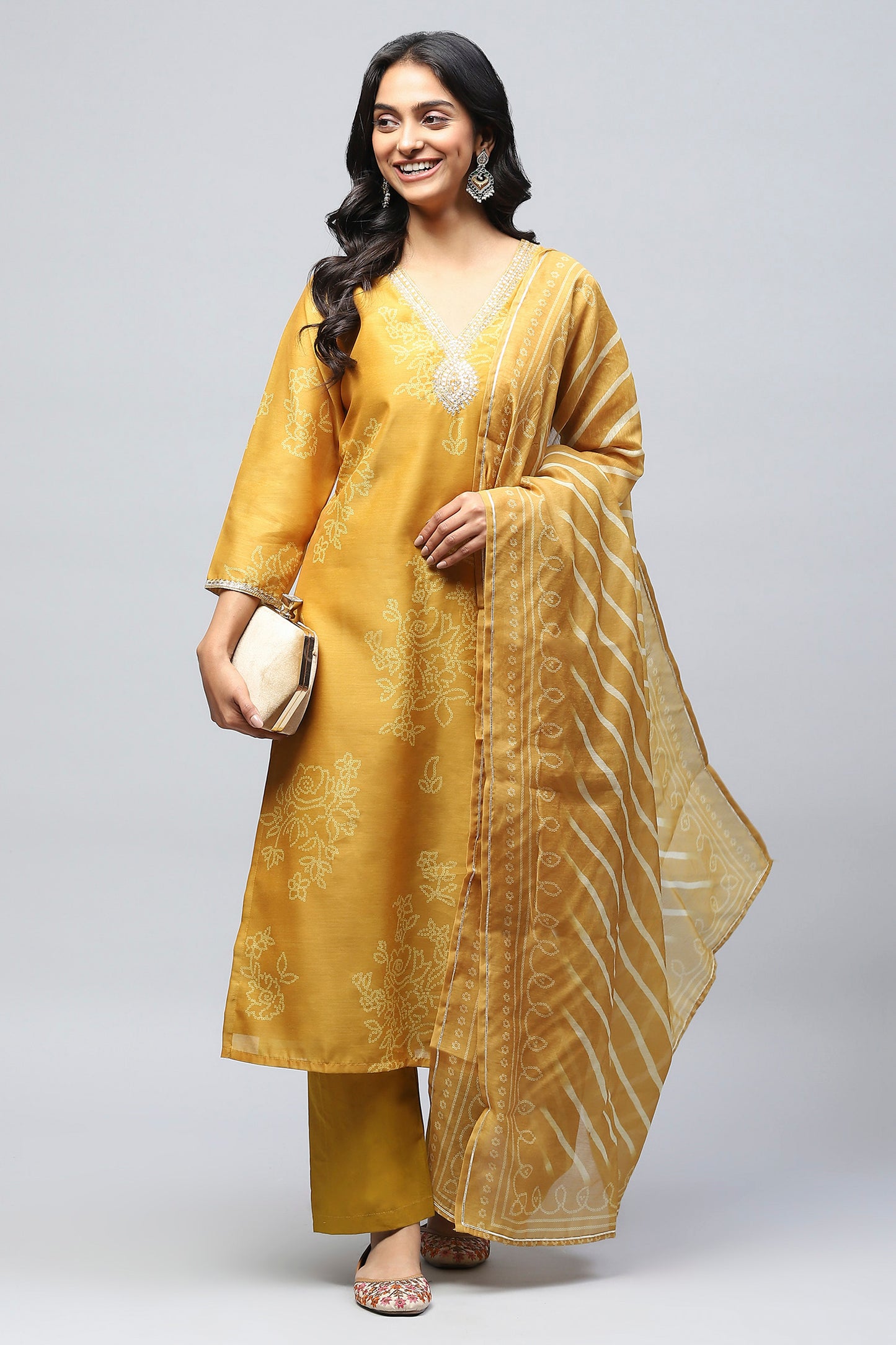 Yellow Printed Suit Set for Women with Hand Embroidery