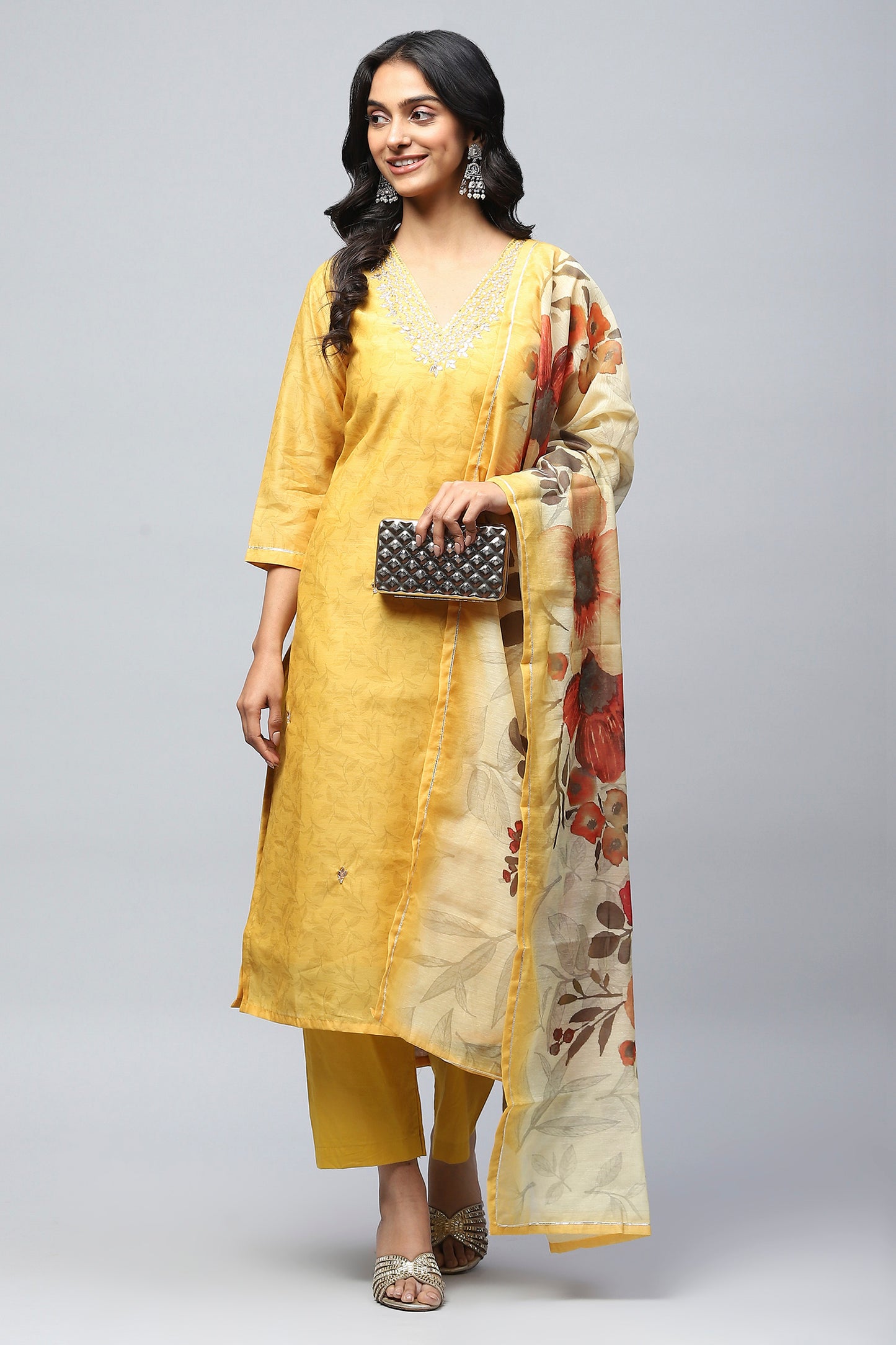 Yellow Printed Suit Set for Women with Hand Embroidery