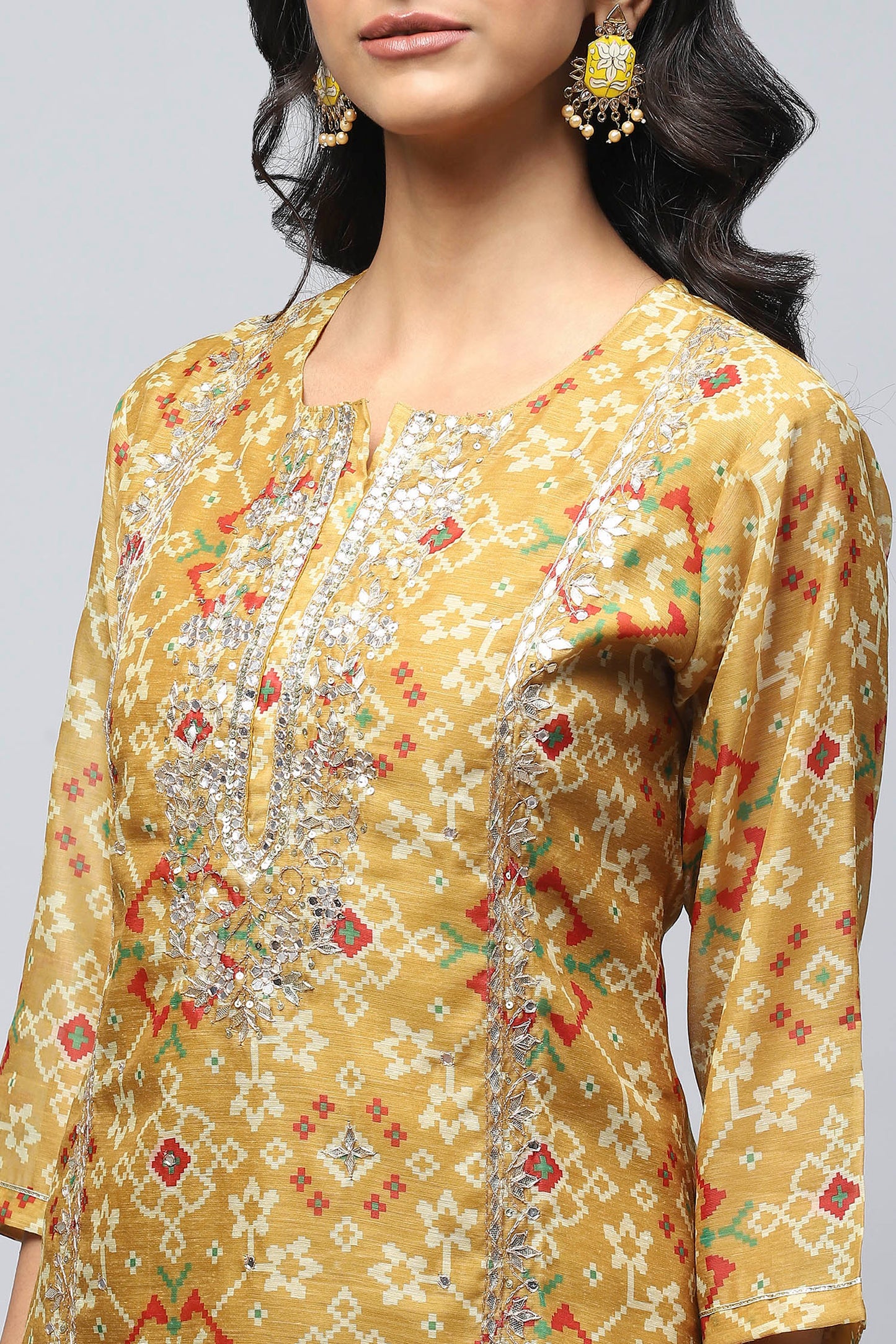 Yellow Printed Suit Set for Women with Hand Embroidery