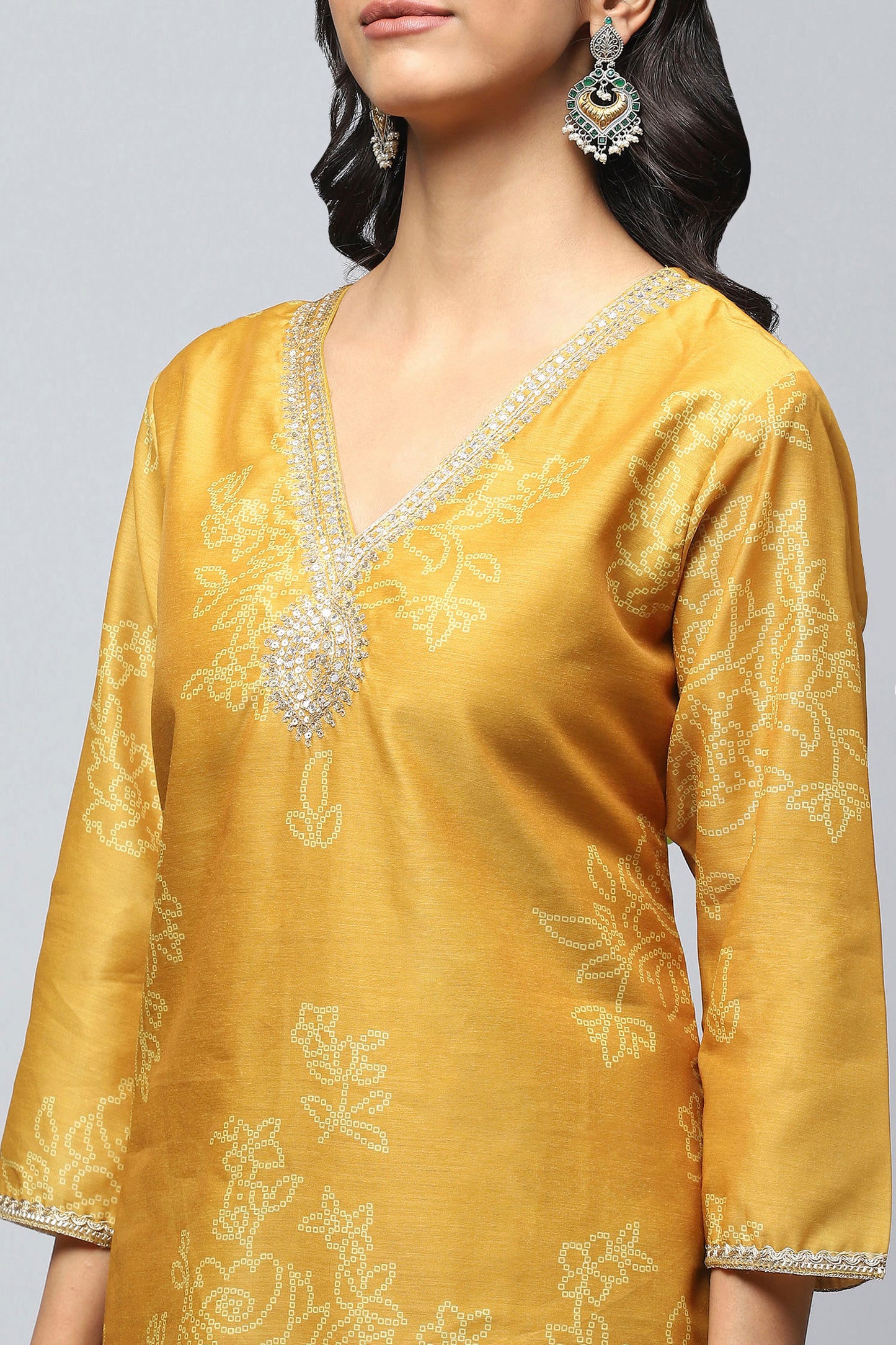 Yellow Printed Suit Set for Women with Hand Embroidery