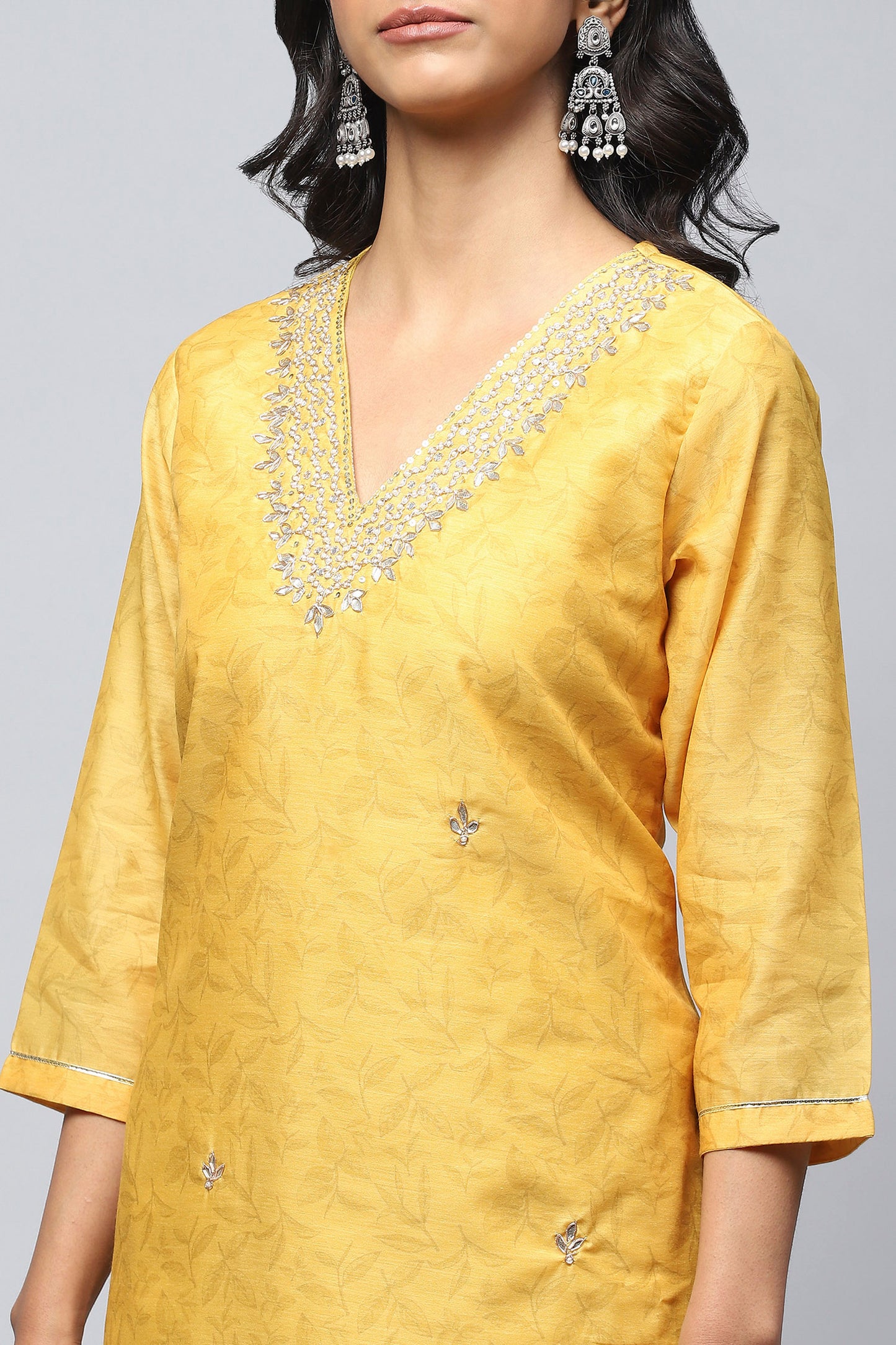 Yellow Printed Suit Set for Women with Hand Embroidery