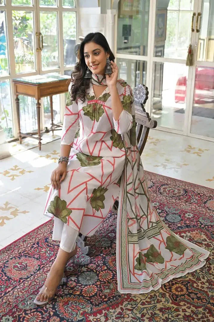 Abstract Bloom Printed Anarkali Suit Set - Qurbat