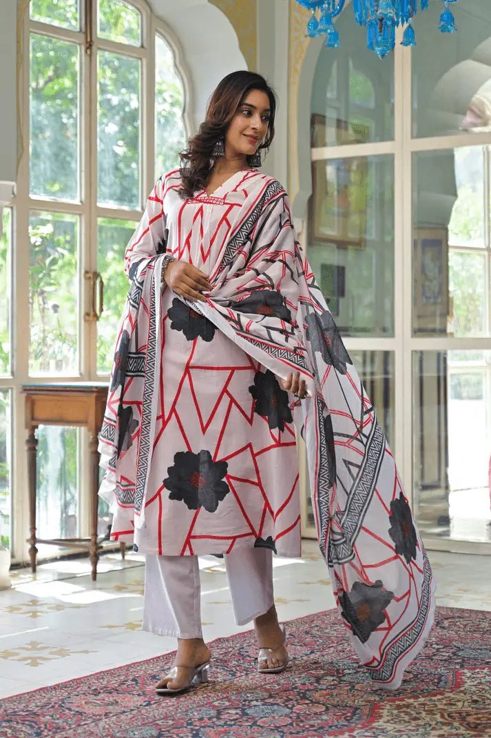 Abstract Bloom Printed Anarkali Suit Set - Qurbat