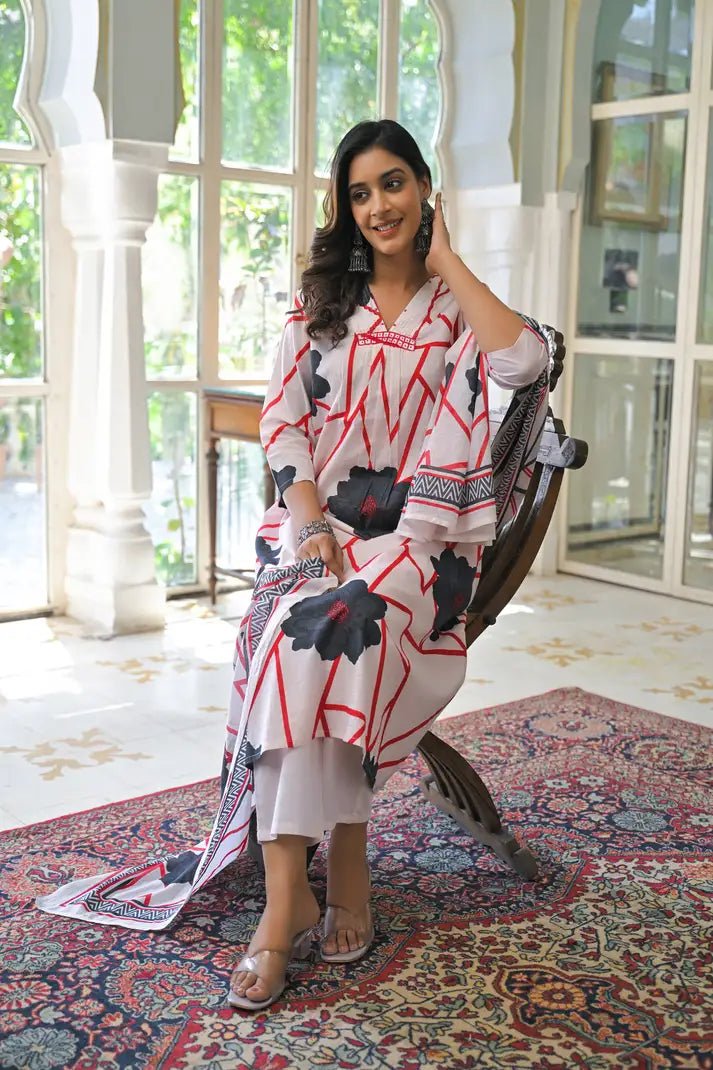 Abstract Bloom Printed Anarkali Suit Set - Qurbat