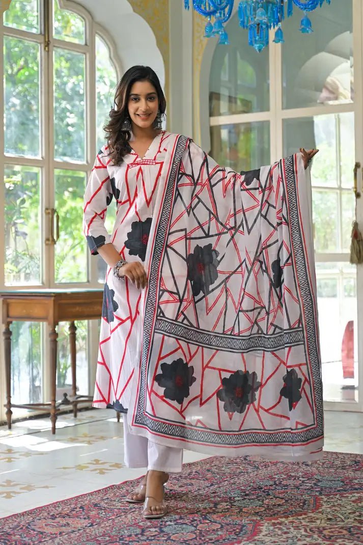 Abstract Bloom Printed Anarkali Suit Set - Qurbat