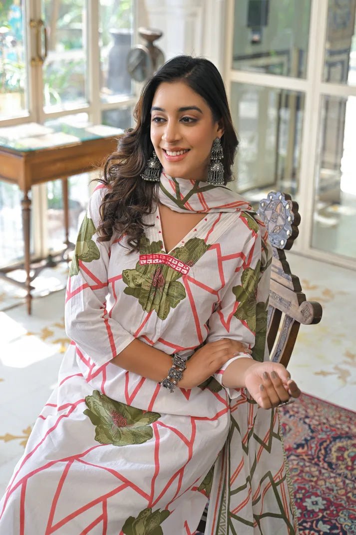 Abstract Bloom Printed Anarkali Suit Set - Qurbat