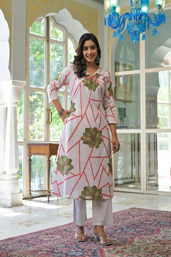 Abstract Bloom Printed Anarkali Suit Set - Qurbat