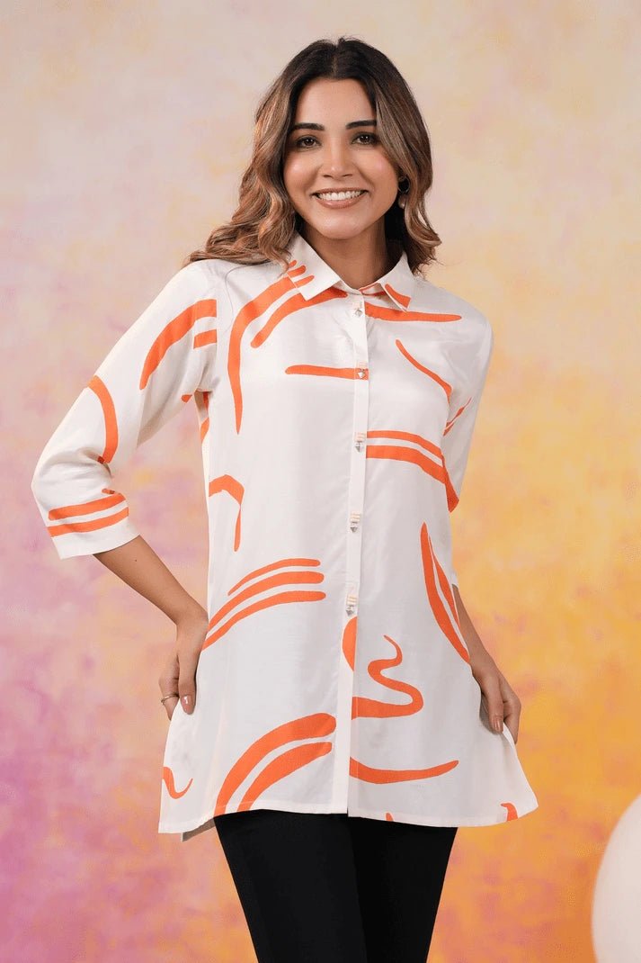 Abstract Orange Russian Silk Short Kurti - Qurbat