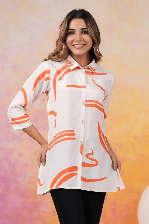 Abstract Orange Russian Silk Short Kurti