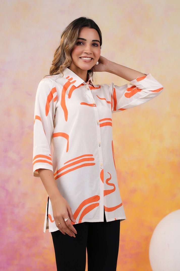 Abstract Orange Russian Silk Short Kurti - Qurbat