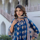 Navy Blue Anarkali Cotton Kurta Set with Embroidered Yoke & Printed Dupatta – 3 Piece Set