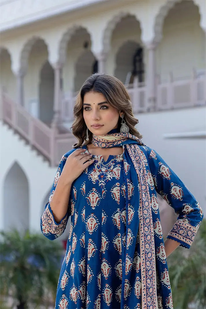 Navy Blue Anarkali Cotton Kurta Set with Embroidered Yoke & Printed Dupatta – 3 Piece Set