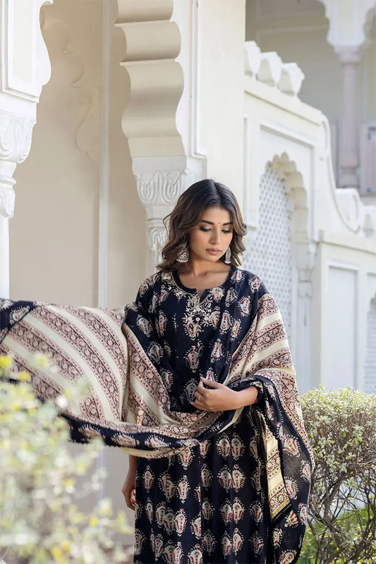 Black Anarkali Cotton Kurta Set with Embroidered Yoke & Printed Dupatta – 3 Piece Set