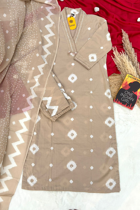Beige Ikat Cotton Suit Set with Mulmul Dupatta – 3 Piece Elegant Ethnic Wear