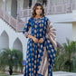 Navy Blue Anarkali Cotton Kurta Set with Embroidered Yoke & Printed Dupatta – 3 Piece Set
