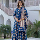 Navy Blue Anarkali Cotton Kurta Set with Embroidered Yoke & Printed Dupatta – 3 Piece Set