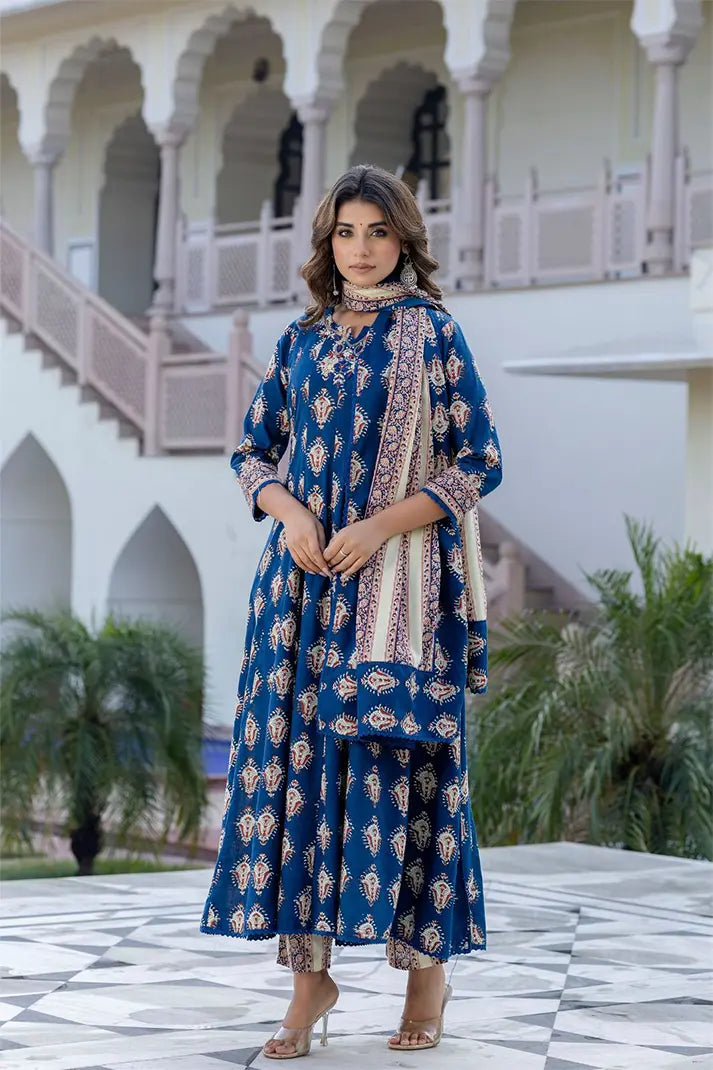Navy Blue Anarkali Cotton Kurta Set with Embroidered Yoke & Printed Dupatta – 3 Piece Set