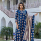 Navy Blue Anarkali Cotton Kurta Set with Embroidered Yoke & Printed Dupatta – 3 Piece Set