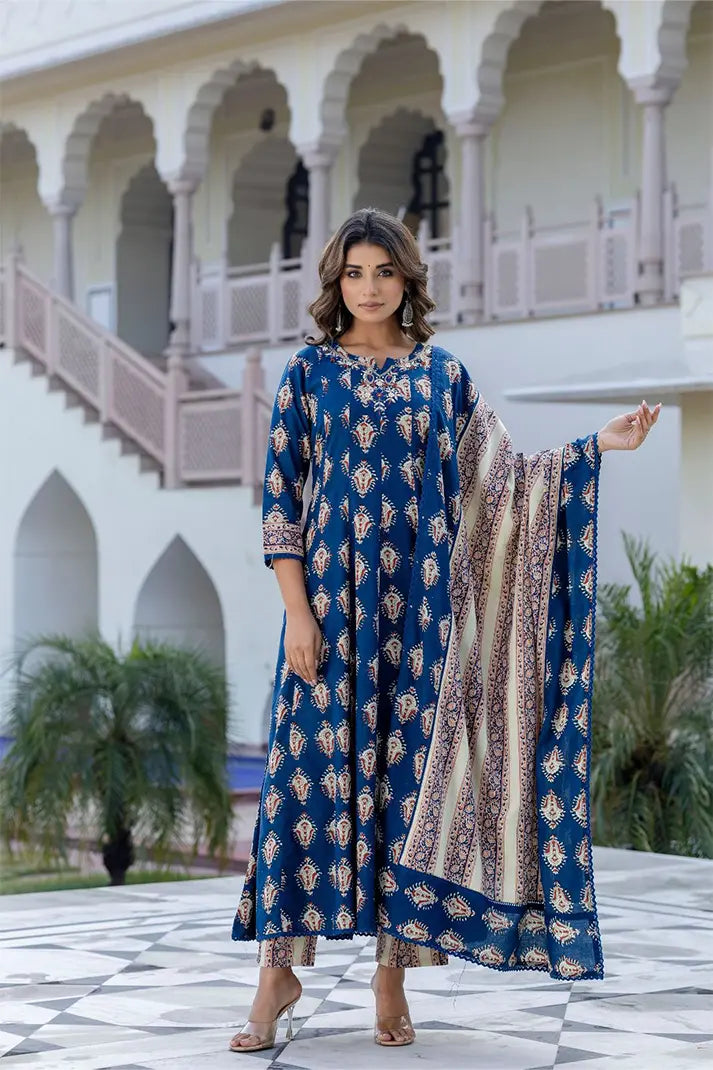 Navy Blue Anarkali Cotton Kurta Set with Embroidered Yoke & Printed Dupatta – 3 Piece Set