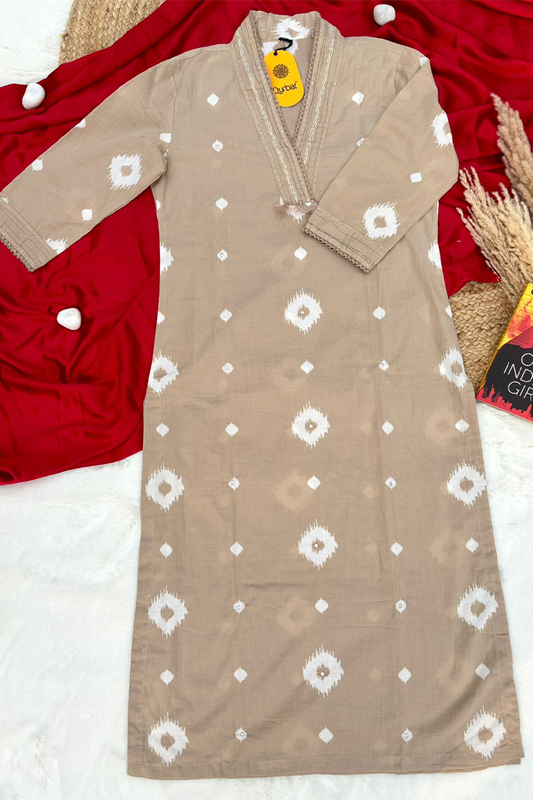 Beige Ikat Cotton Suit Set with Mulmul Dupatta – 3 Piece Elegant Ethnic Wear