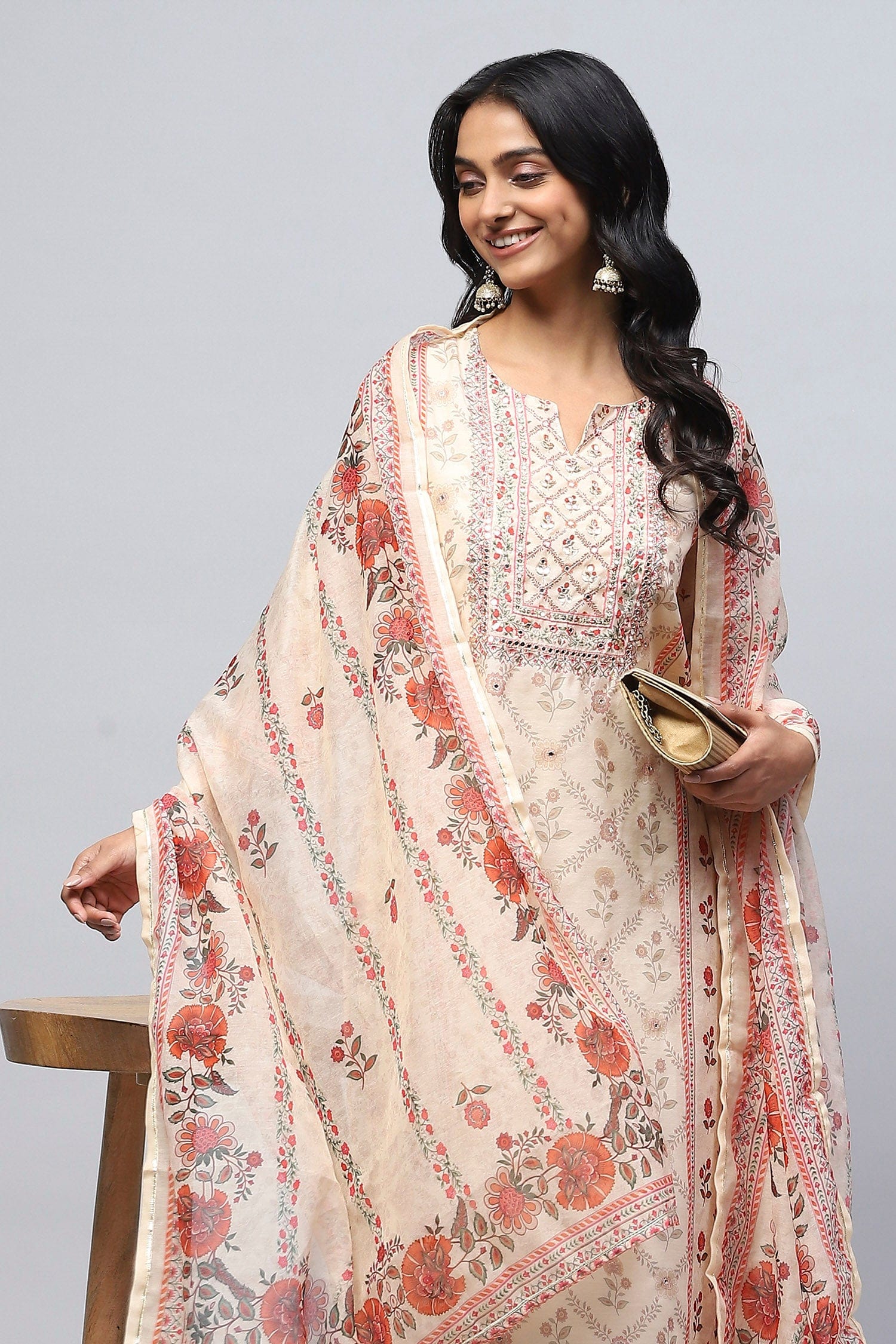 Beige Printed Suit Set for Women – Elegant & Timeless - Qurbat