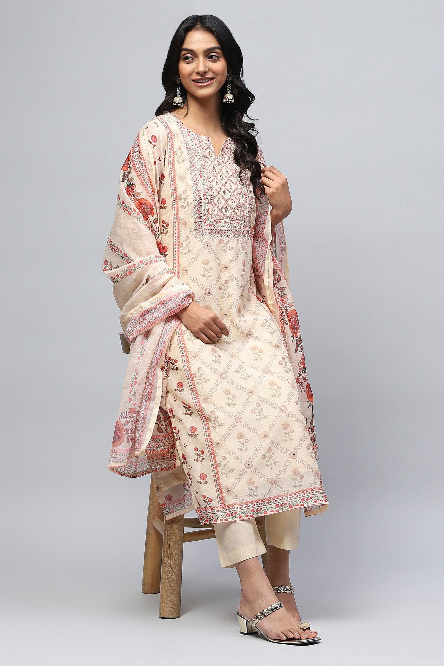 Beige Printed Suit Set for Women – Elegant & Timeless - Qurbat