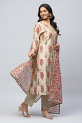Beige Printed Suit Set with Mirror Work Embroidery for Women - Qurbat
