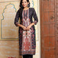 Black & Beige Ethnic Motif Printed Kurta Set with Embellished Neckline - Qurbat