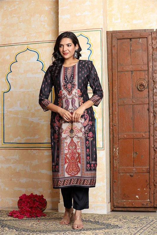 Black & Beige Ethnic Motif Printed Kurta Set with Embellished Neckline - Qurbat