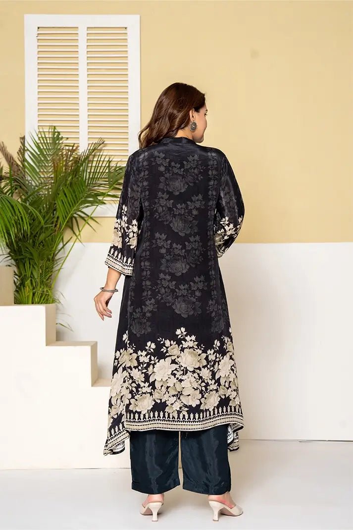 Black Embroidered Silk Kurta with Floral Detailing - Qurbat