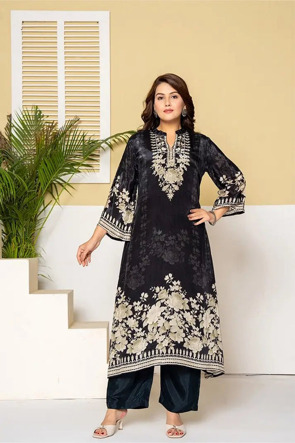 Black Embroidered Silk Kurta with Floral Detailing