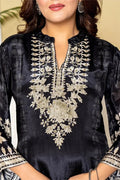 Black Embroidered Silk Kurta with Floral Detailing - Qurbat