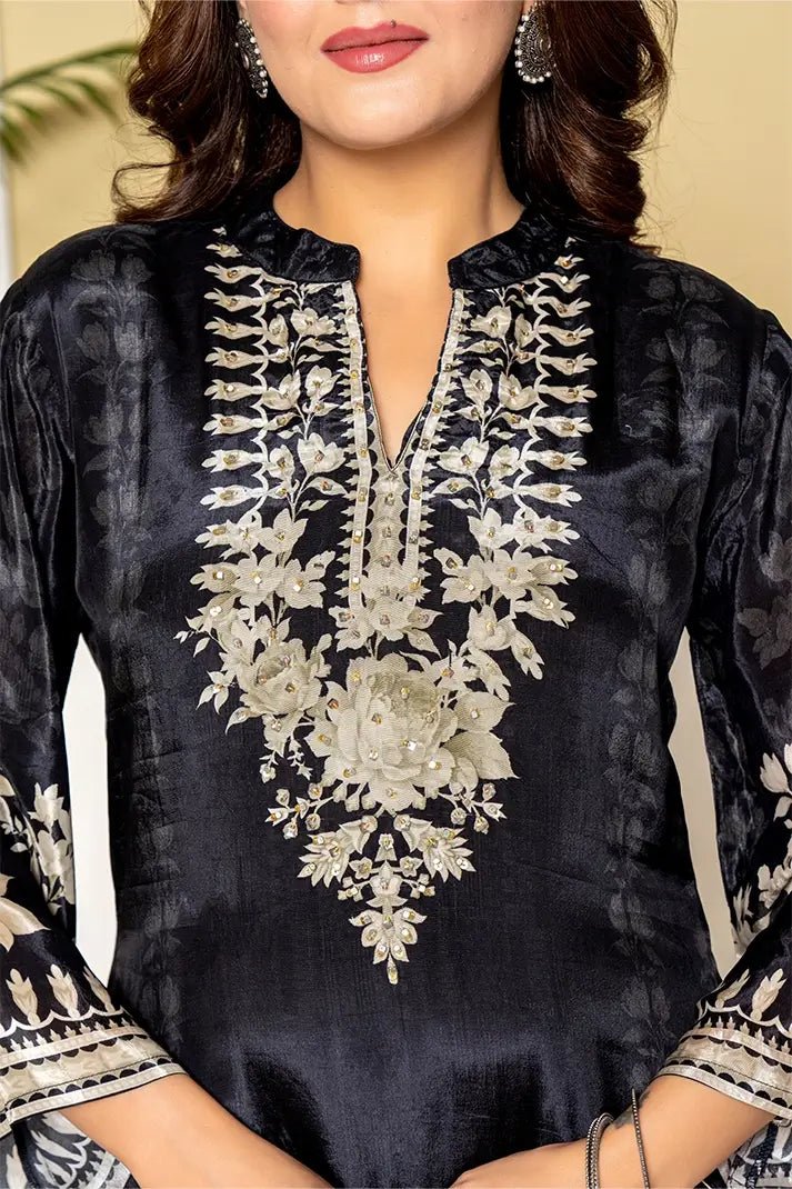 Black Embroidered Silk Kurta with Floral Detailing - Qurbat