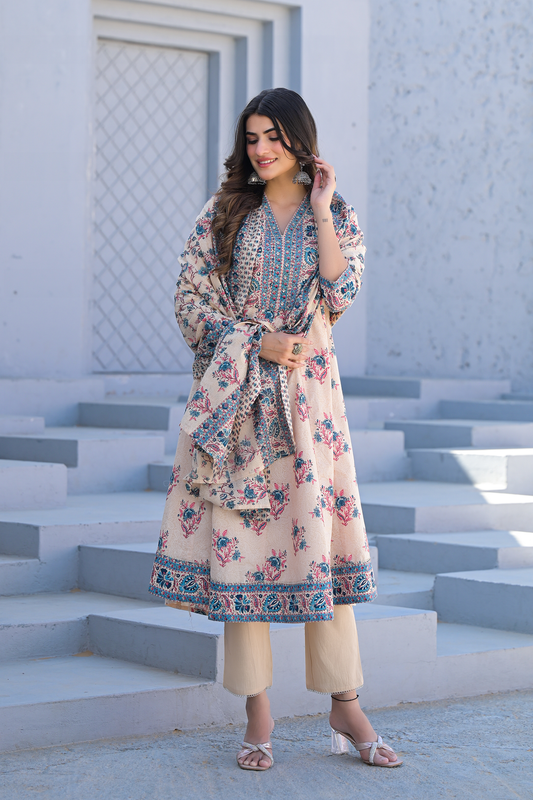 Ivory Bloom Printed Anarkali Suit Set
