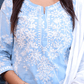 Blue Cotton Kurta Set with White Floral Embroidery & Dip - Dye Dupatta – 3 Piece Set - Qurbat