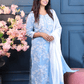 Blue Cotton Kurta Set with White Floral Embroidery & Dip - Dye Dupatta – 3 Piece Set - Qurbat