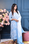 Blue Cotton Kurta Set with White Floral Embroidery & Dip - Dye Dupatta – 3 Piece Set - Qurbat