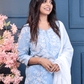 Blue Cotton Kurta Set with White Floral Embroidery & Dip - Dye Dupatta – 3 Piece Set - Qurbat