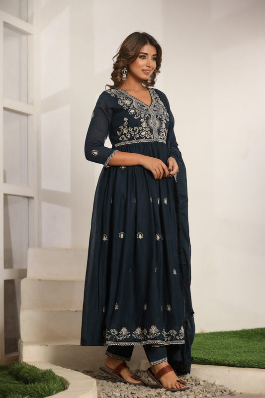 Blue Embroidery Cotton Suit Set - Qurbat