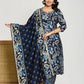 Blue Floral Printed 3 - Piece Suit with Embroidered Neckline - Qurbat