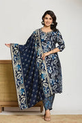 Blue Floral Printed 3 - Piece Suit with Embroidered Neckline - Qurbat