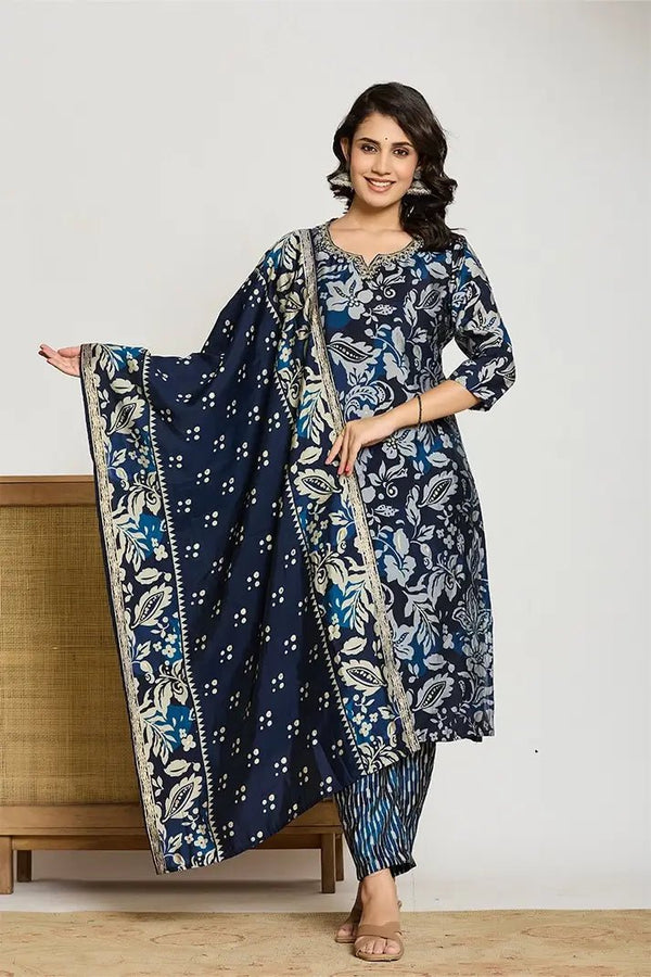 Blue Floral Printed 3-Piece Suit with Embroidered Neckline