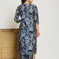 Blue Floral Printed 3 - Piece Suit with Embroidered Neckline - Qurbat