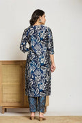 Blue Floral Printed 3 - Piece Suit with Embroidered Neckline - Qurbat